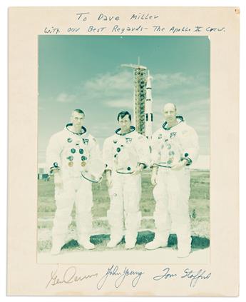 (ASTRONAUTS--GEMINI--APOLLO.) Group of three color Photographs Signed, or Signed and Inscribed.